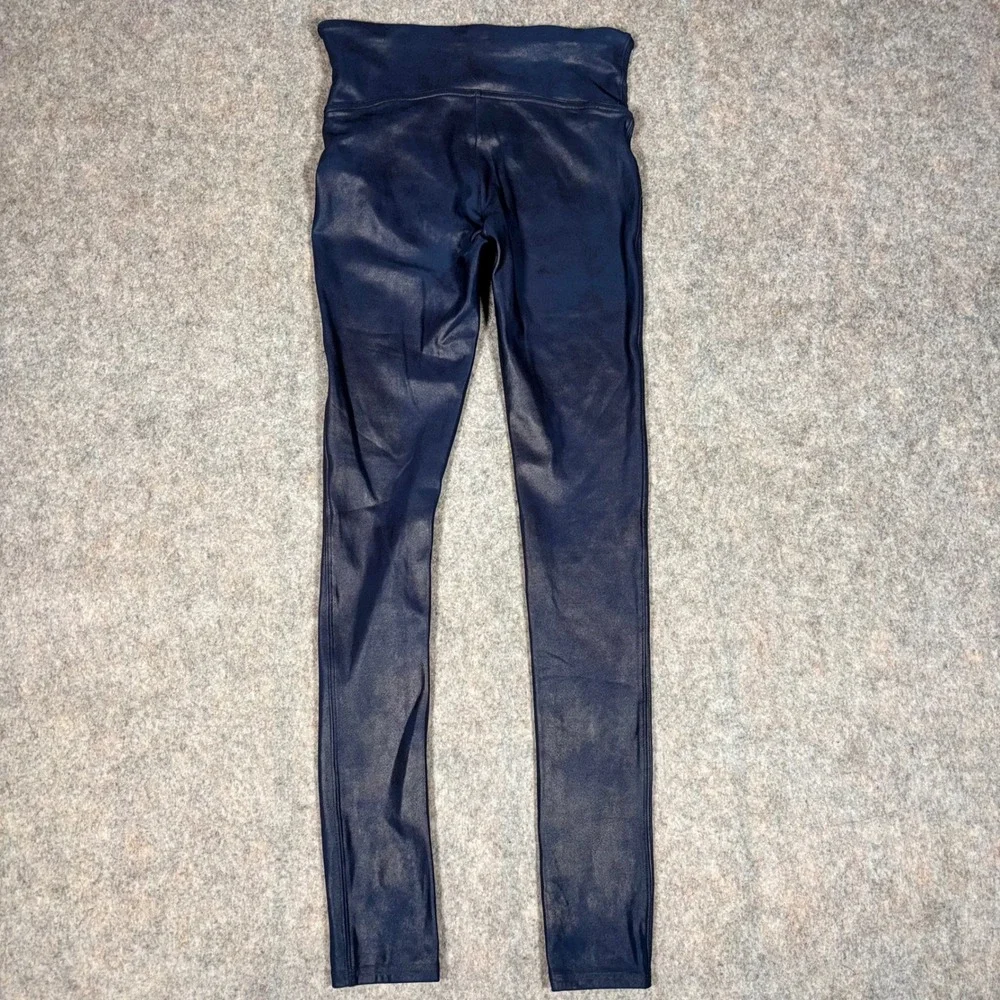 Spanx Faux Leather Leggings Womens S Navy Blue High Waist Coated Metallic Coated